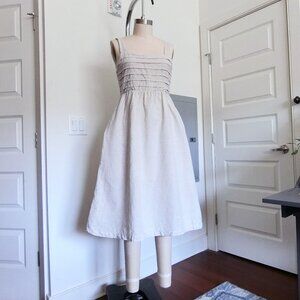 Lost + Wander Linen Blend Midi Dress Beige Pleated Bodice, Smocked Back, Size M